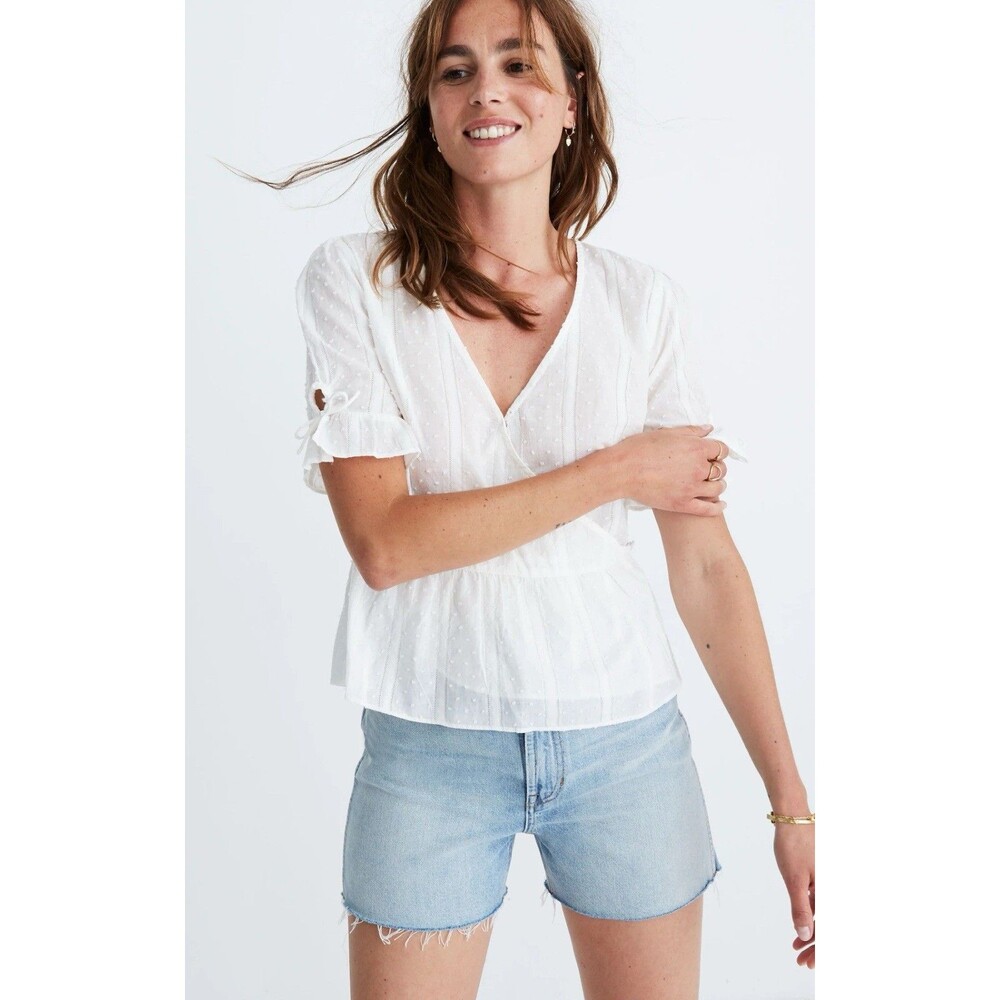Women's Madewell Tie-Sleeve Wrap Top Blouse White Swiss Dot Size 2 Extra Small